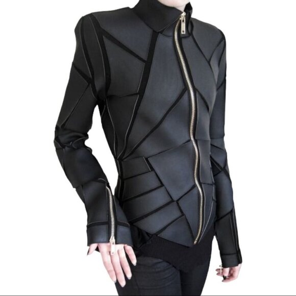 Black Handmade Geometric Patch Leather Jacket Size XL (Garett Pugh Inspired)